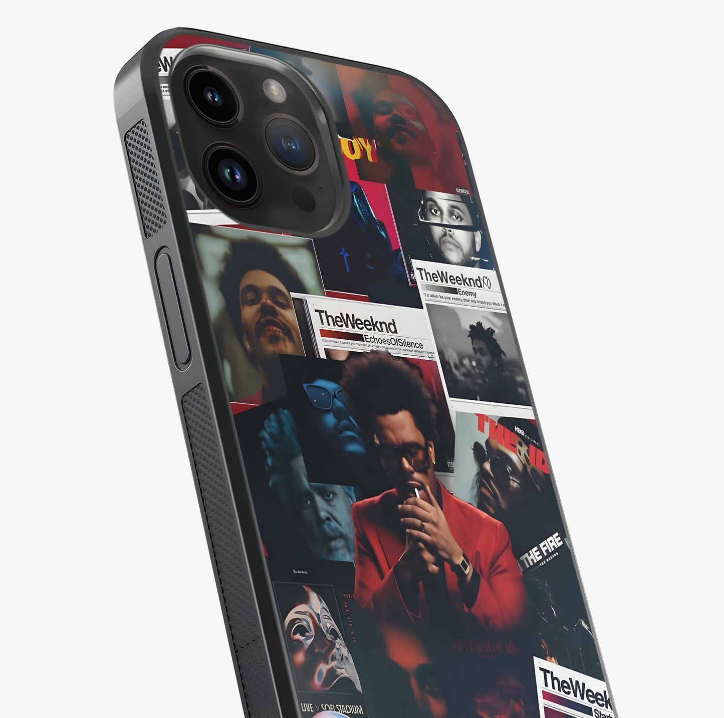 The Weeknd Glass Case captured at a warm angle highlighting gloss, texture and premium glass finish.
