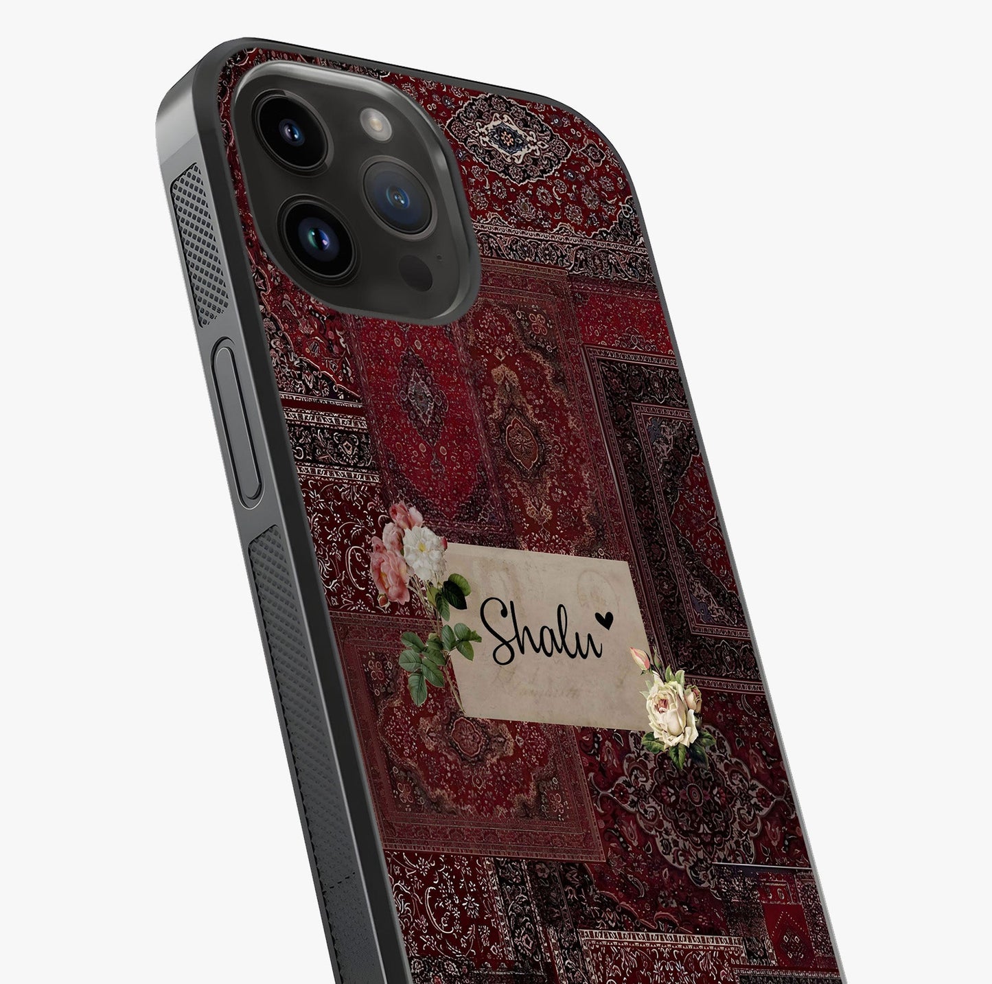 Velvet Wine Pattern Custom Name Glass Case captured at a warm angle highlighting gloss, texture and premium glass finish.