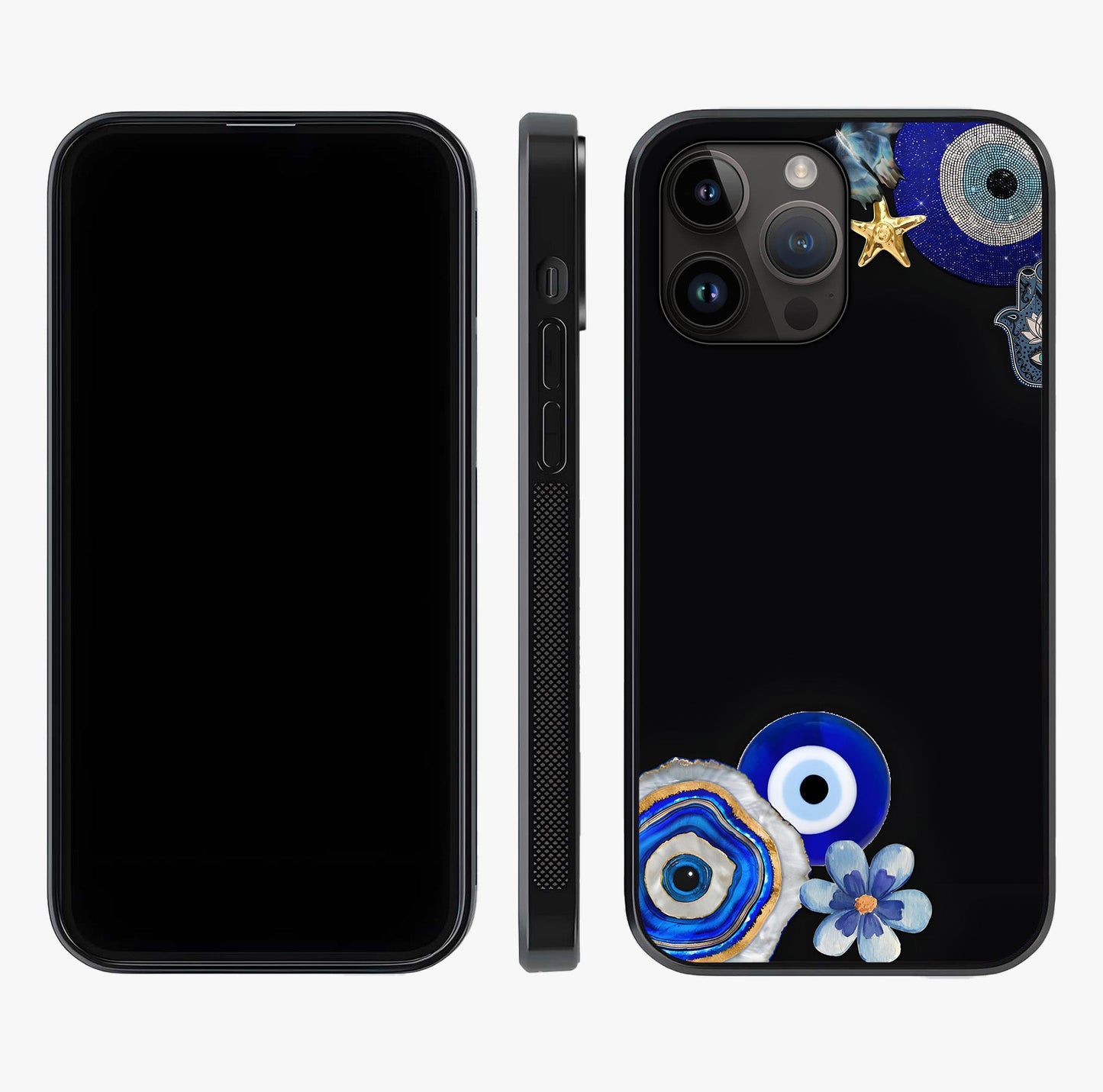 Aesthetic Blue Evil Eye Glass Case displayed upright for full design visibility and premium finish.