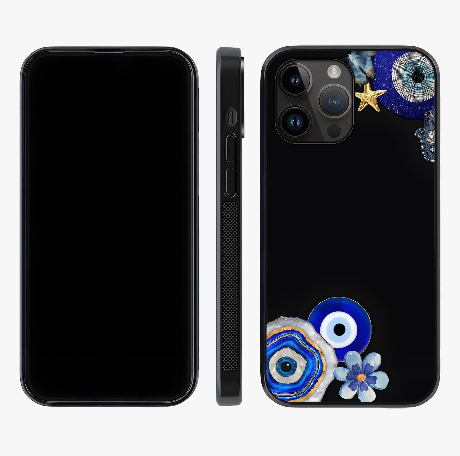 Aesthetic Blue Evil Eye Glass Case displayed upright for full design visibility and premium finish.