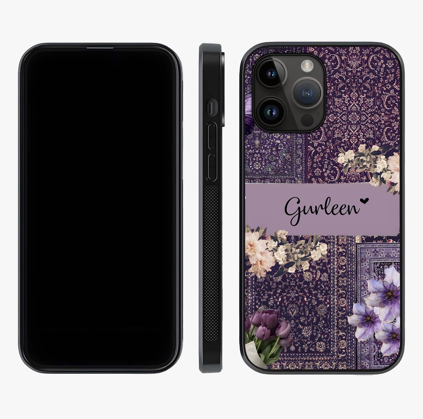 Antique Floral Whisper Custom Name Glass Case displayed upright for full design visibility and premium finish.
