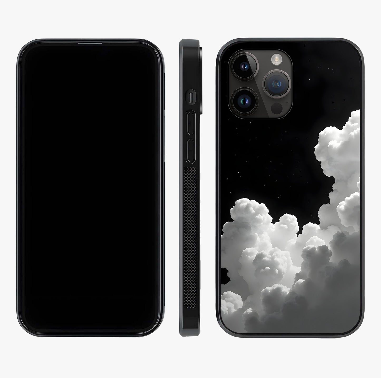 Black Background With White Cloud Glass Case displayed upright for full design visibility and premium finish.