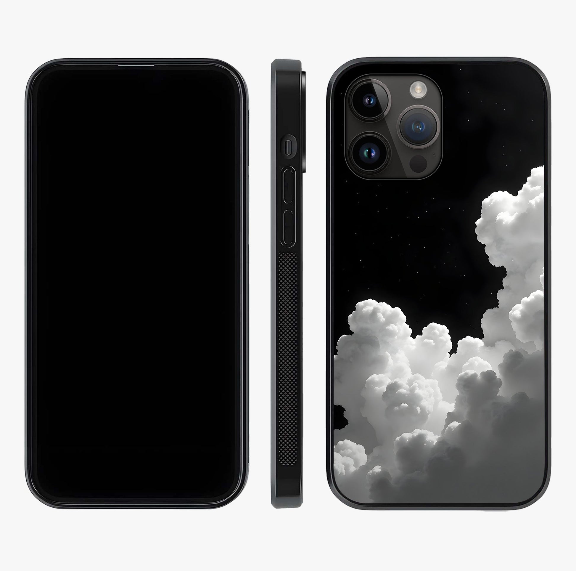Black Background With White Cloud Glass Case displayed upright for full design visibility and premium finish.