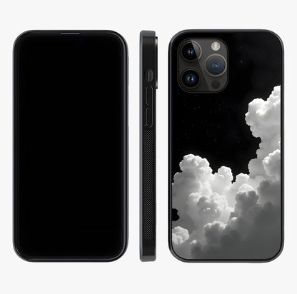 Black Background With White Cloud Glass Case displayed upright for full design visibility and premium finish.