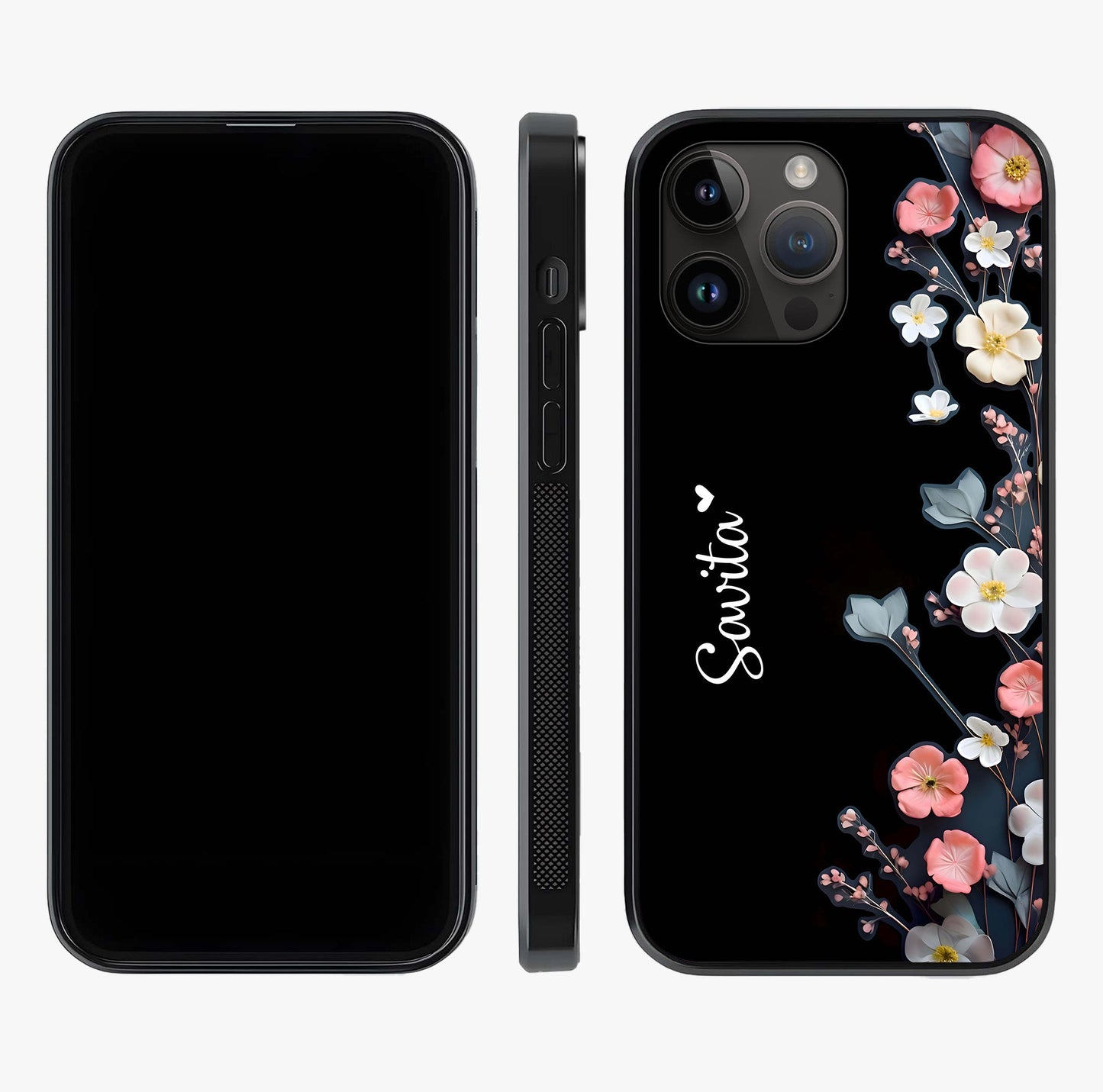 Black Elegance Floral Custom Name Glass Case displayed upright for full design visibility and premium finish.