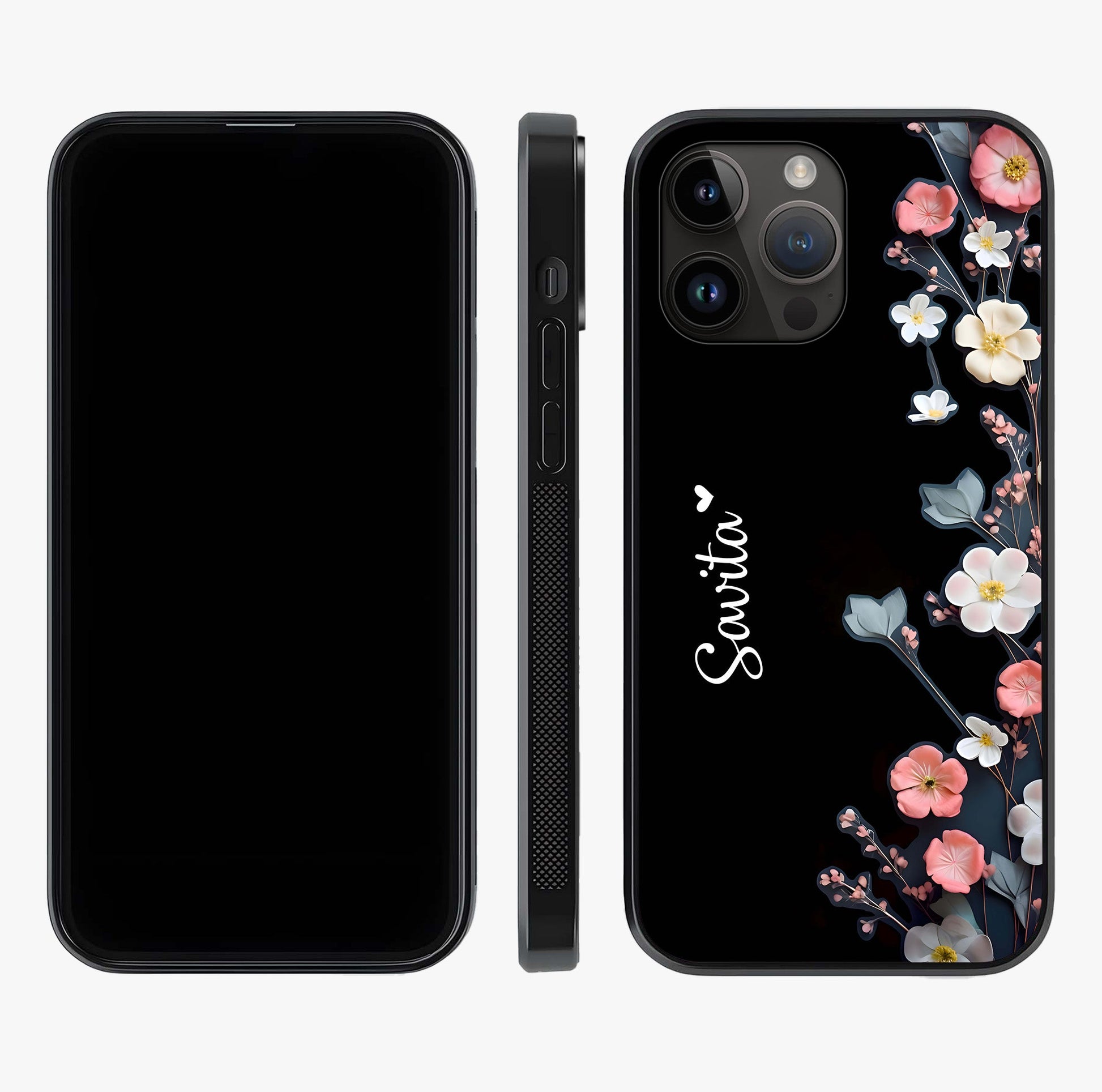 Black Elegance Floral Custom Name Glass Case displayed upright for full design visibility and premium finish.
