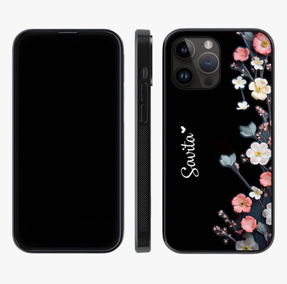 Black Elegance Floral Custom Name Glass Case displayed upright for full design visibility and premium finish.