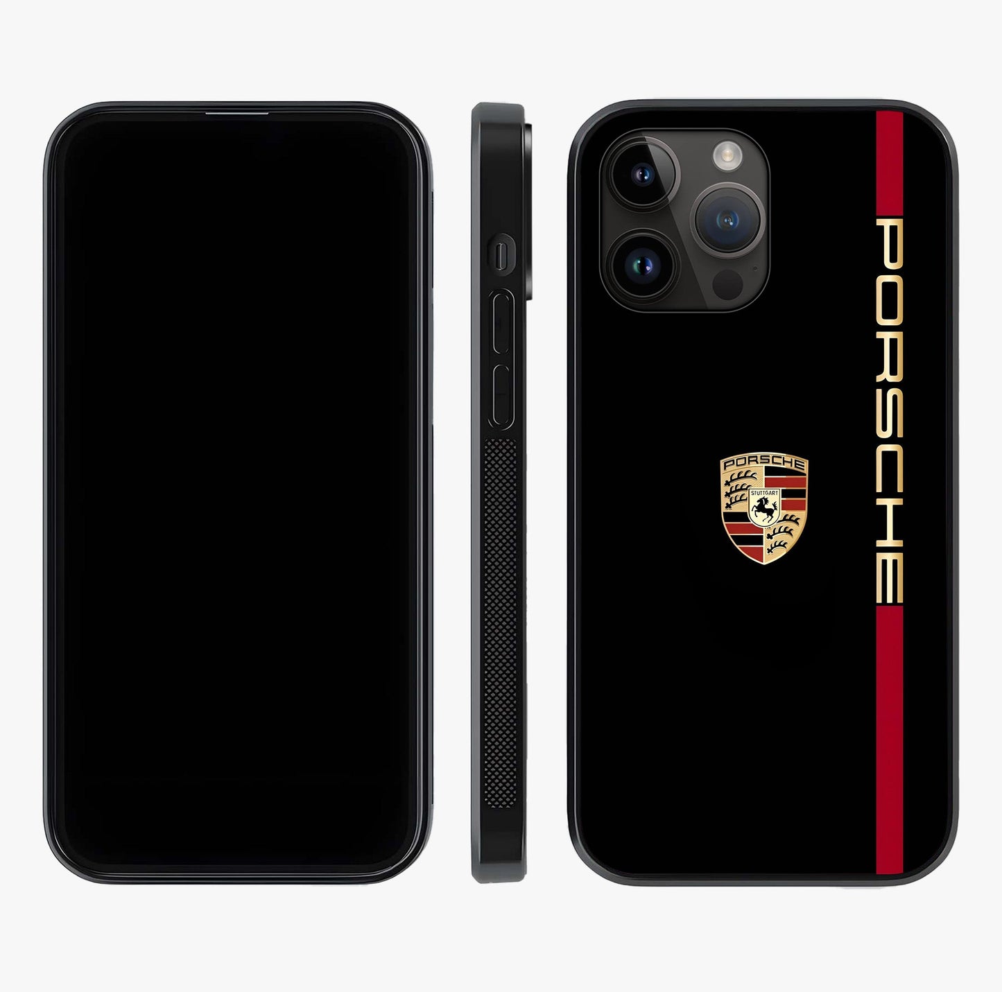 Black Minimal Porsche Glass Case displayed upright for full design visibility and premium finish.