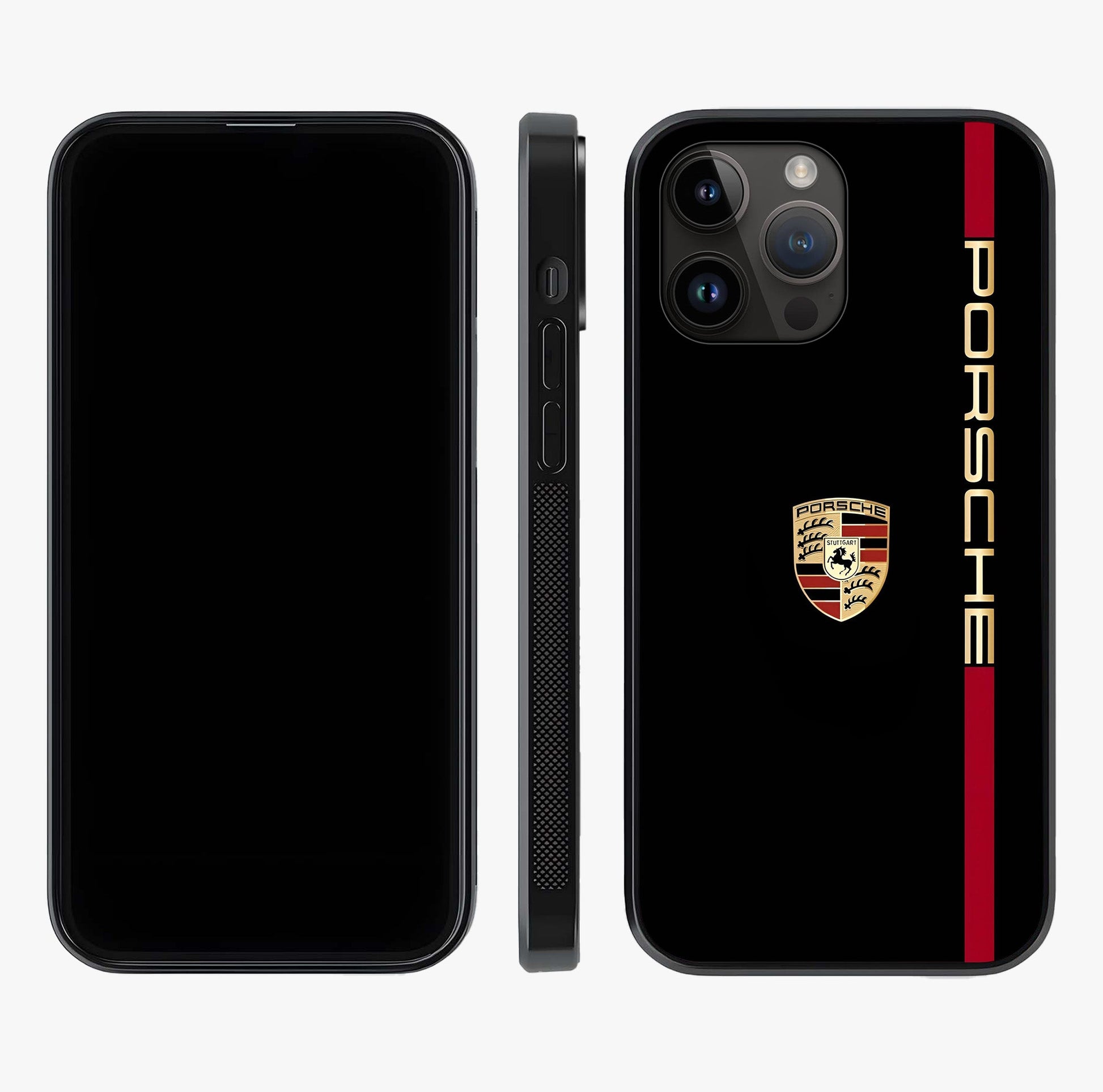 Black Minimal Porsche Glass Case displayed upright for full design visibility and premium finish.