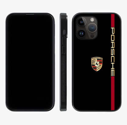 Black Minimal Porsche Glass Case displayed upright for full design visibility and premium finish.