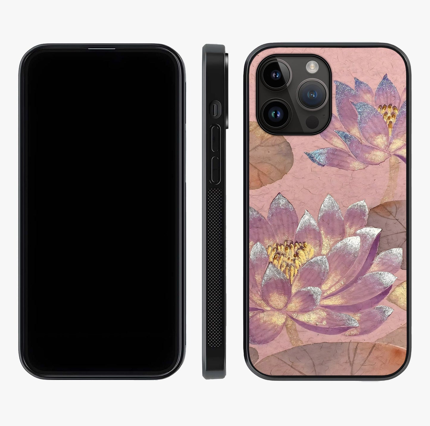 Blossom Mist Lotus Glass Case displayed upright for full design visibility and premium finish.