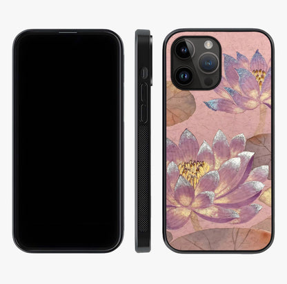 Blossom Mist Lotus Glass Case displayed upright for full design visibility and premium finish.