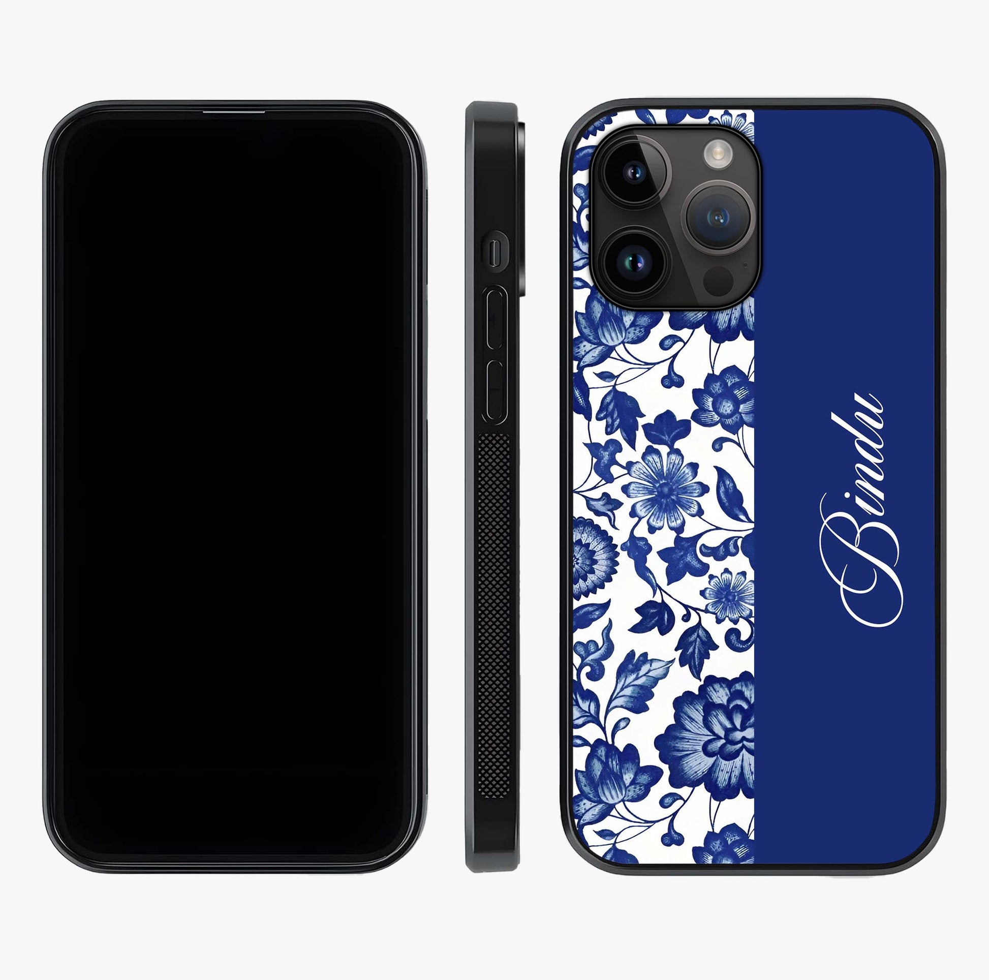 Blue Vintage Floral Pattern Glass Case displayed upright for full design visibility and premium finish.