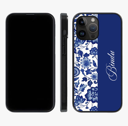 Blue Vintage Floral Pattern Glass Case displayed upright for full design visibility and premium finish.