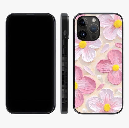 Blush Bloom Texture Glass Case displayed upright for full design visibility and premium finish.
