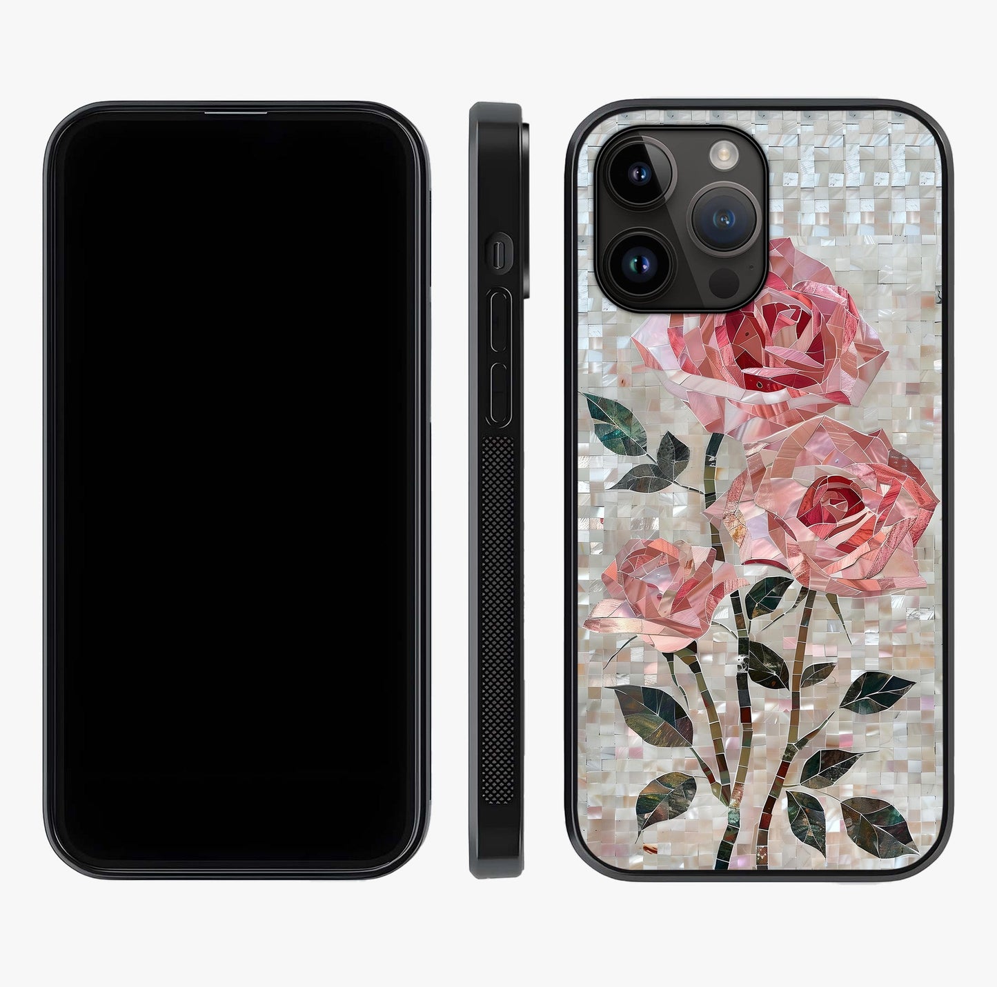 Blush Mosaic Bloom Glass Case displayed upright for full design visibility and premium finish.