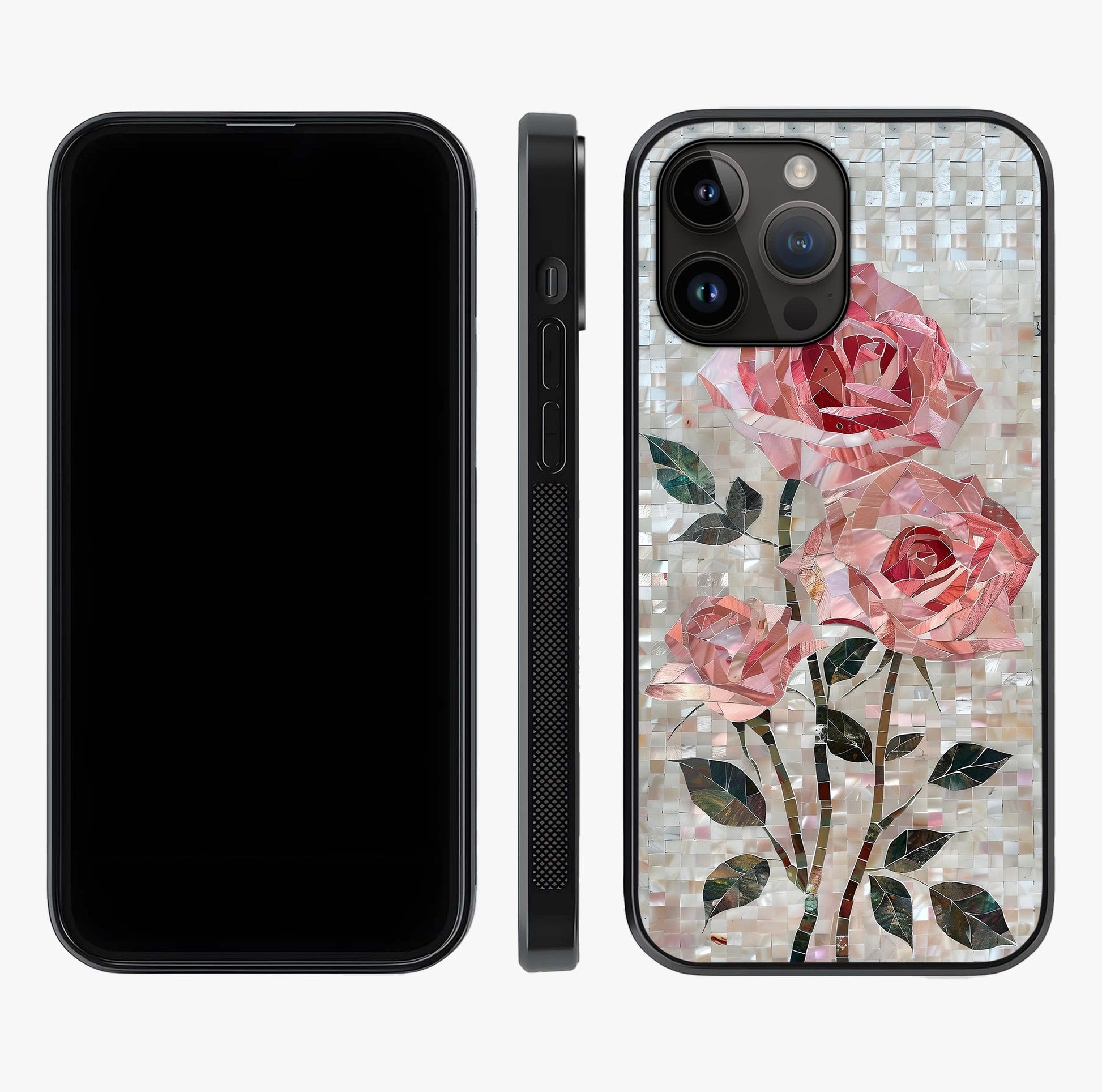 Blush Mosaic Bloom Glass Case displayed upright for full design visibility and premium finish.