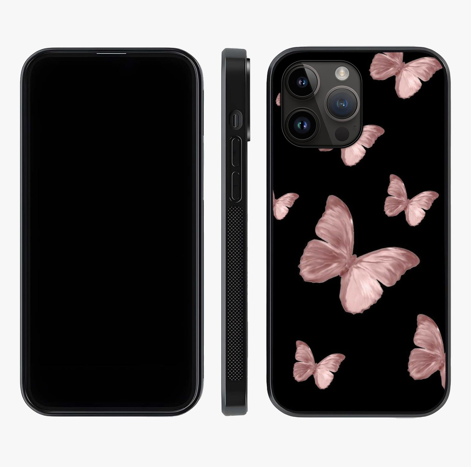 Butterfly Pattern Glass Case displayed upright for full design visibility and premium finish.