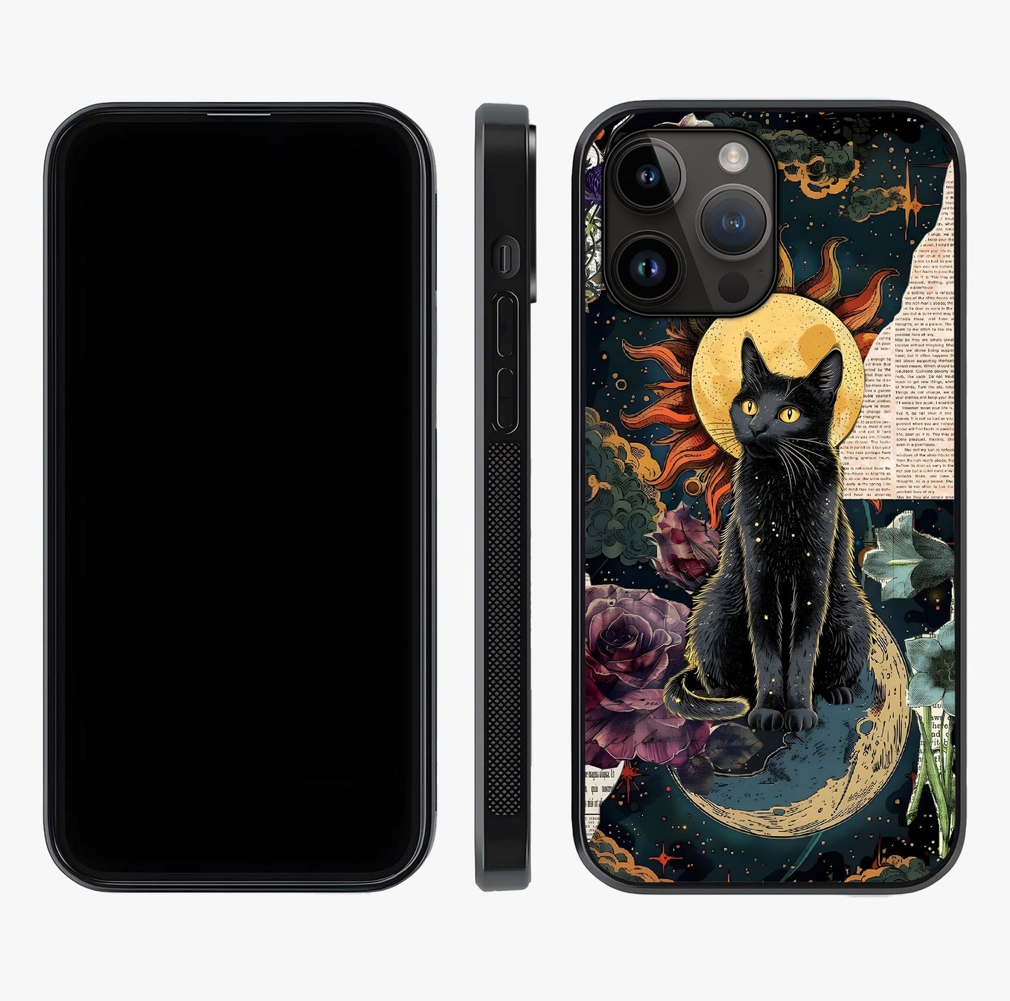 Celestial Black Cat Glass Case displayed upright for full design visibility and premium finish.