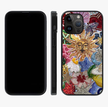 Celestial Floral And Playful Glass Case displayed upright for full design visibility and premium finish.