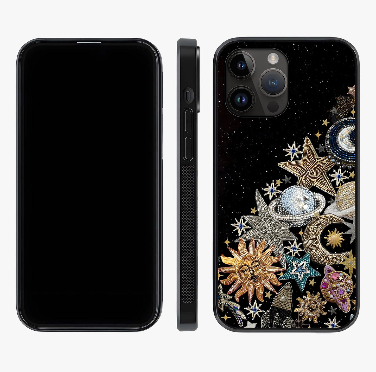 Cosmic Sparkle Dreams Glass Case displayed upright for full design visibility and premium finish.