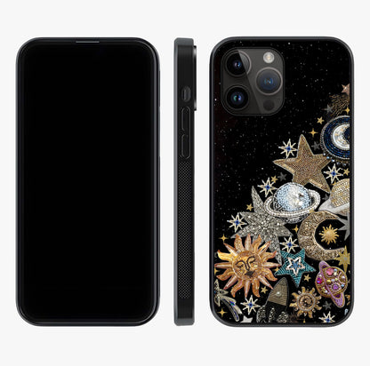 Cosmic Sparkle Dreams Glass Case displayed upright for full design visibility and premium finish.