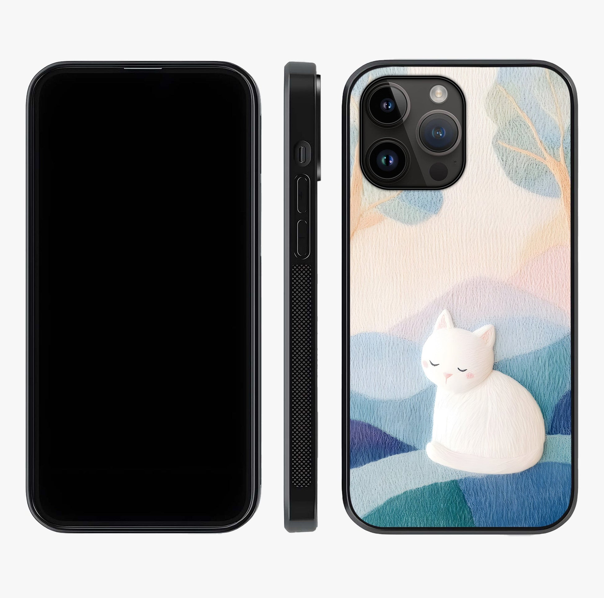 Cotton Dream Cat Glass Case displayed upright for full design visibility and premium finish.