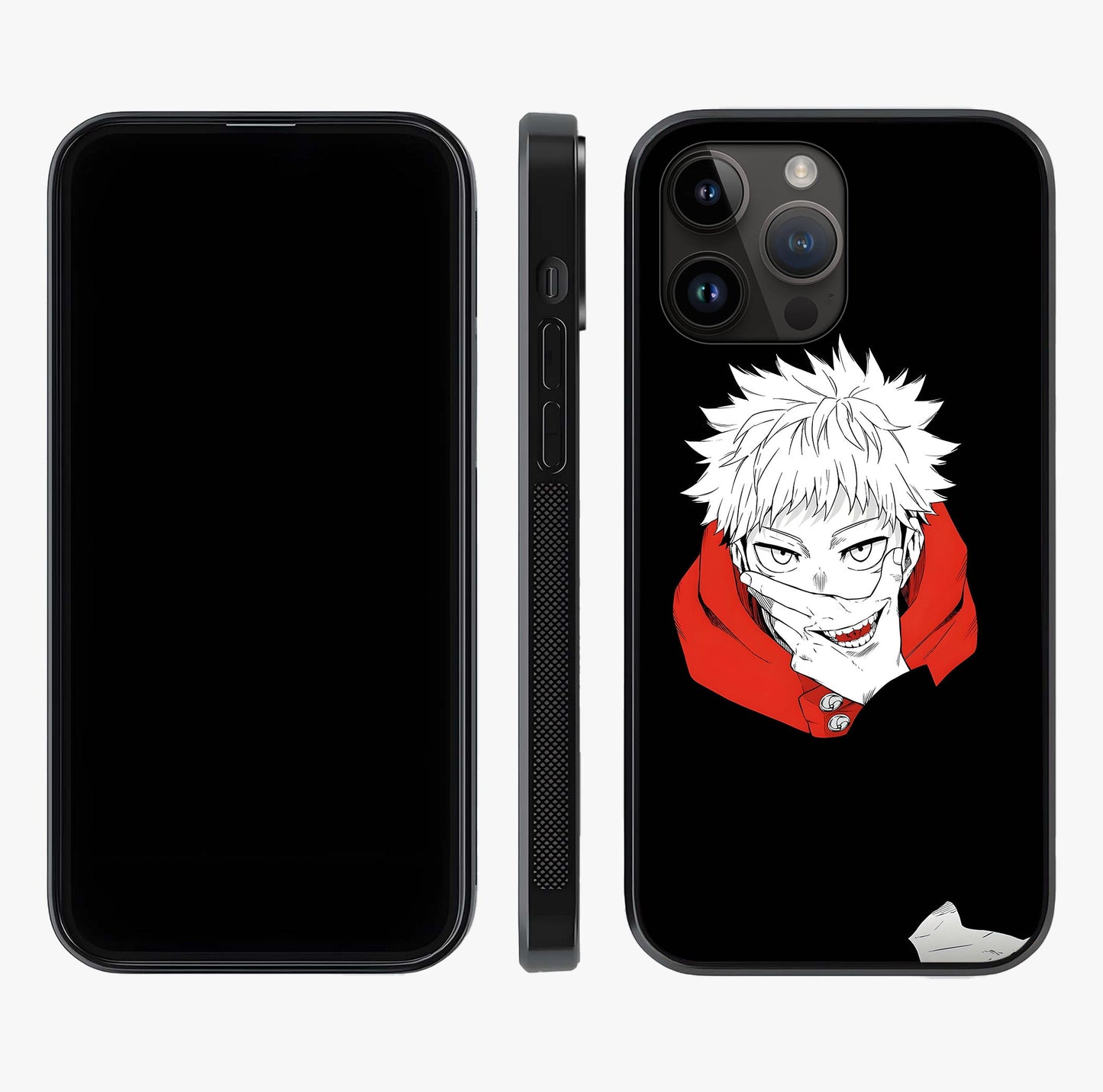 Crimson Chaos Smile Glass Case displayed upright for full design visibility and premium finish.