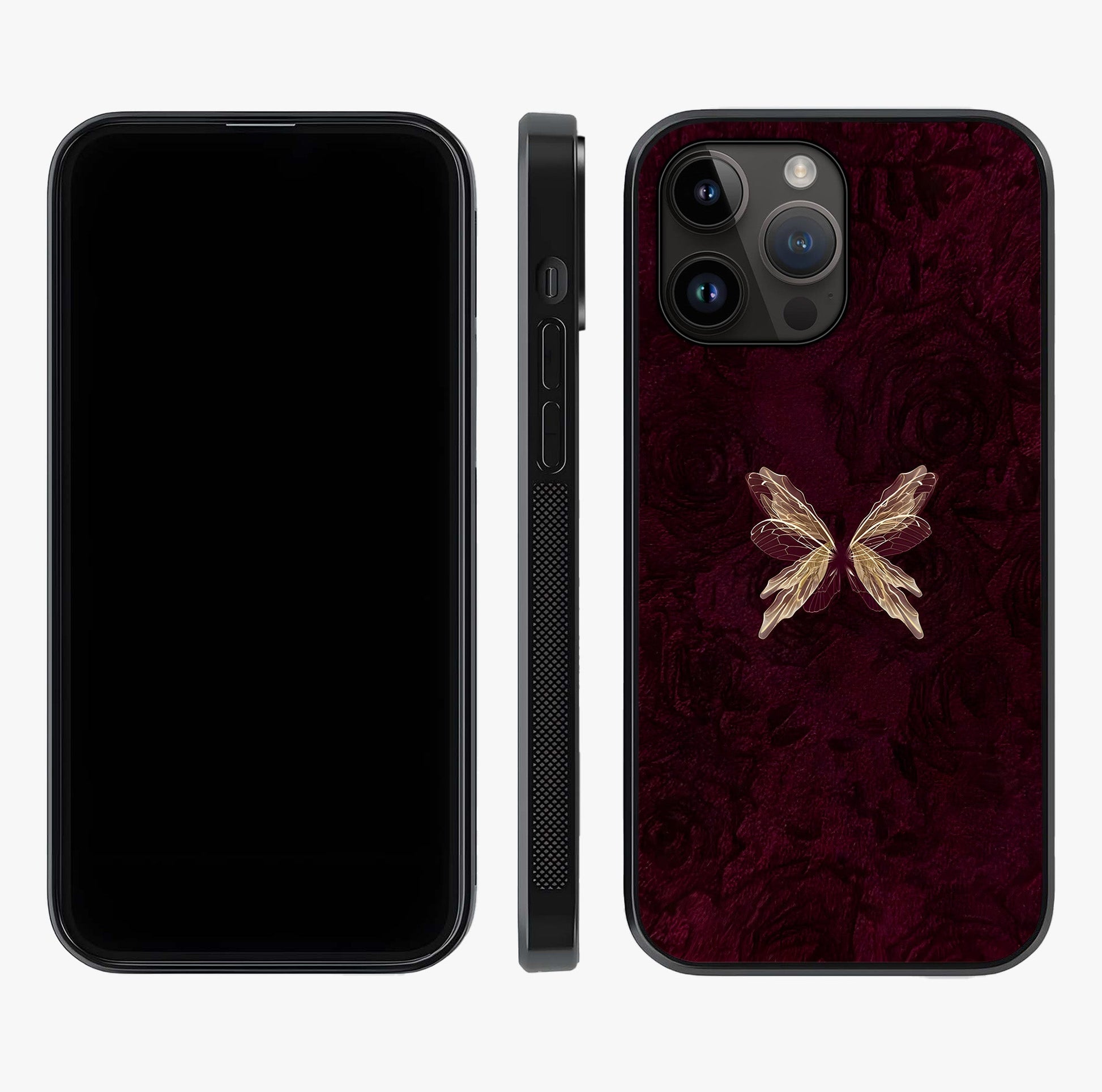 Crimson Fade Butterfly Glass Case displayed upright for full design visibility and premium finish.