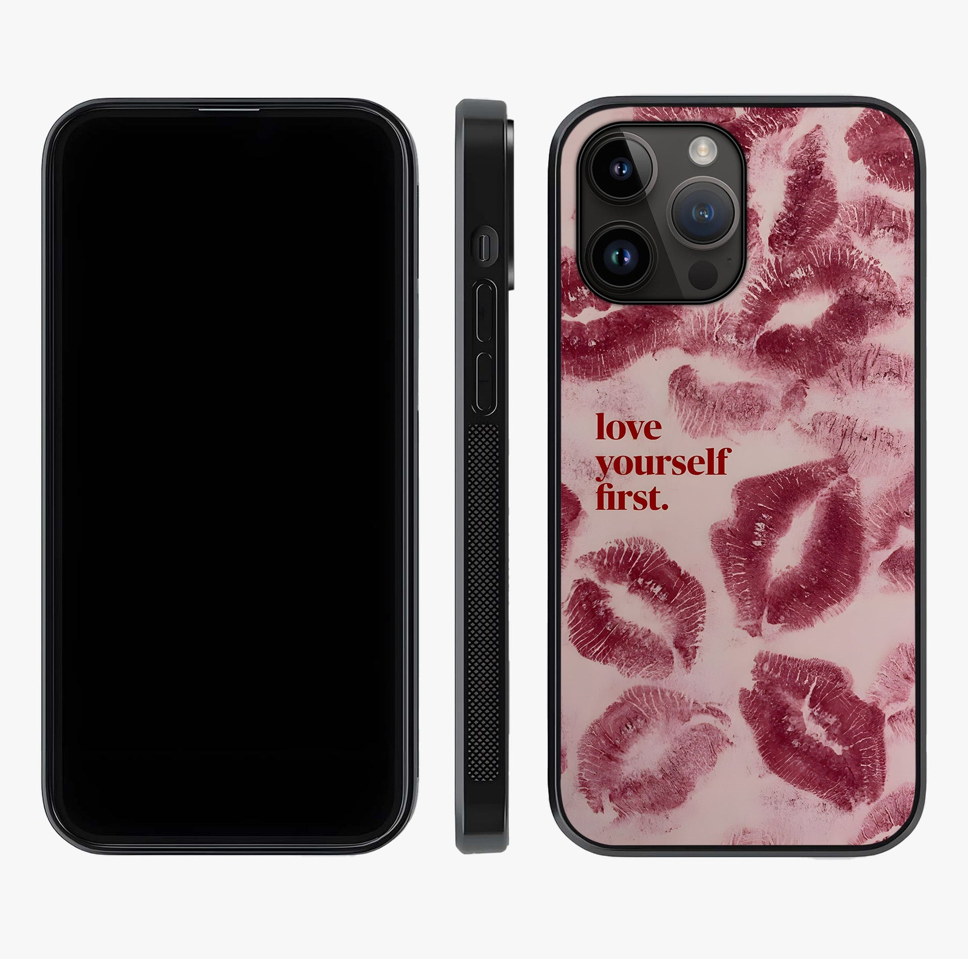 Crimson Kiss Love Glass Case displayed upright for full design visibility and premium finish.