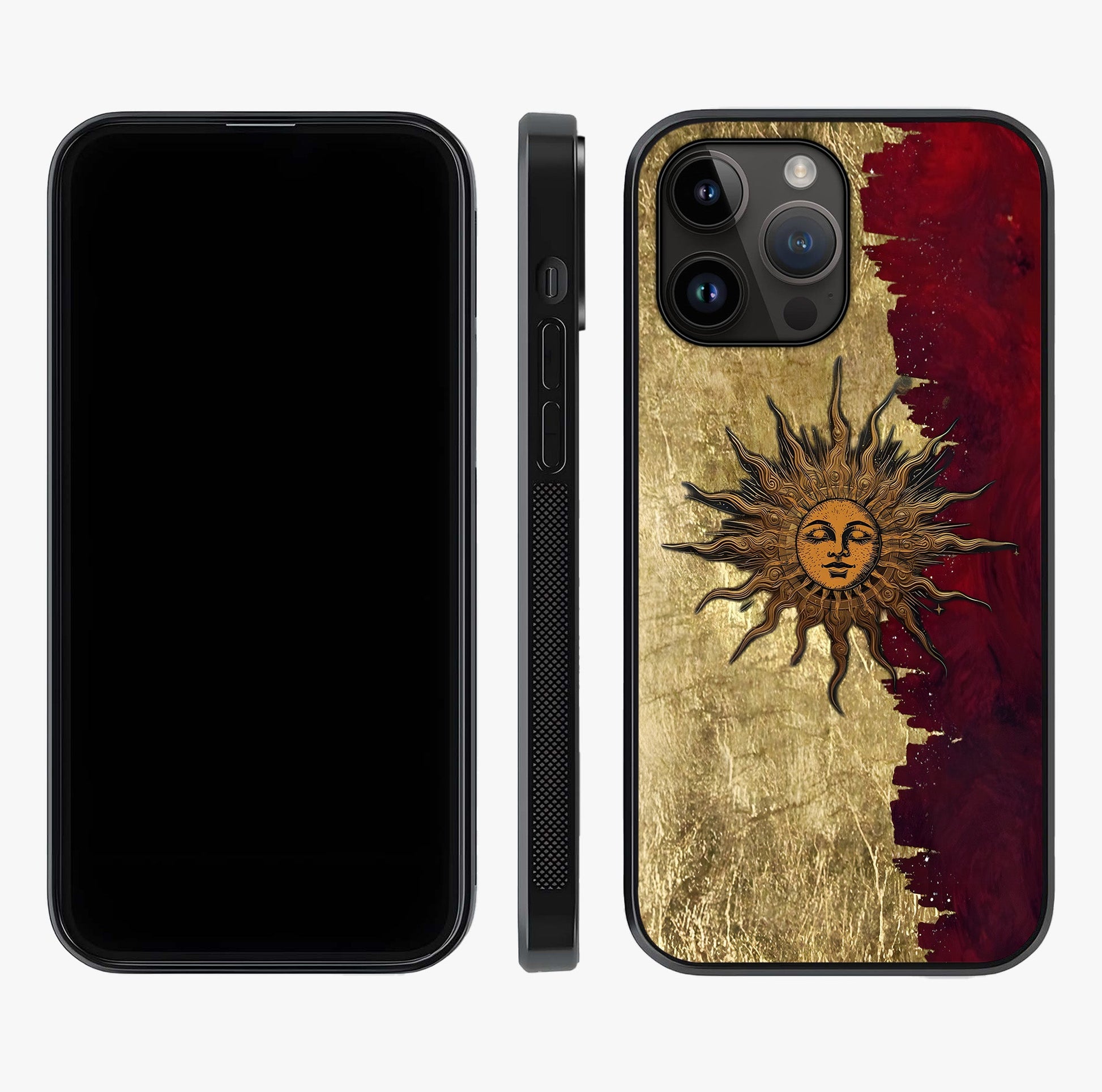 Crimson Sun Majesty Glass Case displayed upright for full design visibility and premium finish.