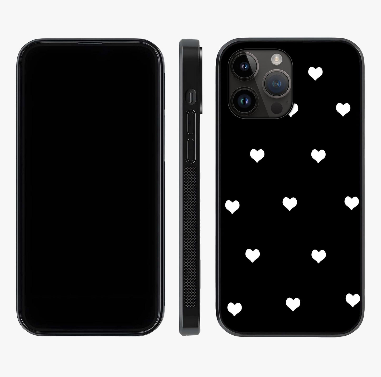 Cute And Simple White Hearts Glass Case displayed upright for full design visibility and premium finish.