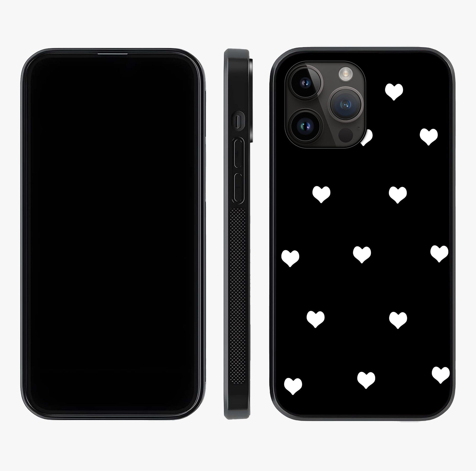 Cute And Simple White Hearts Glass Case displayed upright for full design visibility and premium finish.