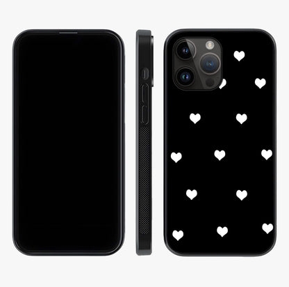 Cute And Simple White Hearts Glass Case displayed upright for full design visibility and premium finish.