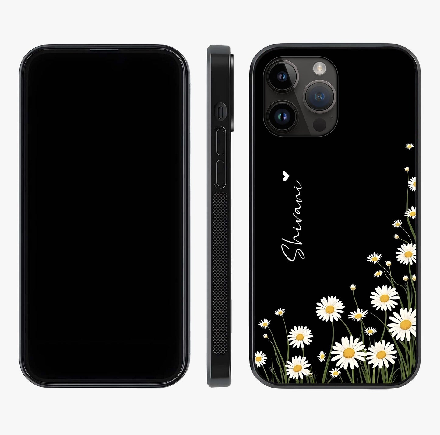 Daisy Cascade Custom Name Glass Case displayed upright for full design visibility and premium finish.