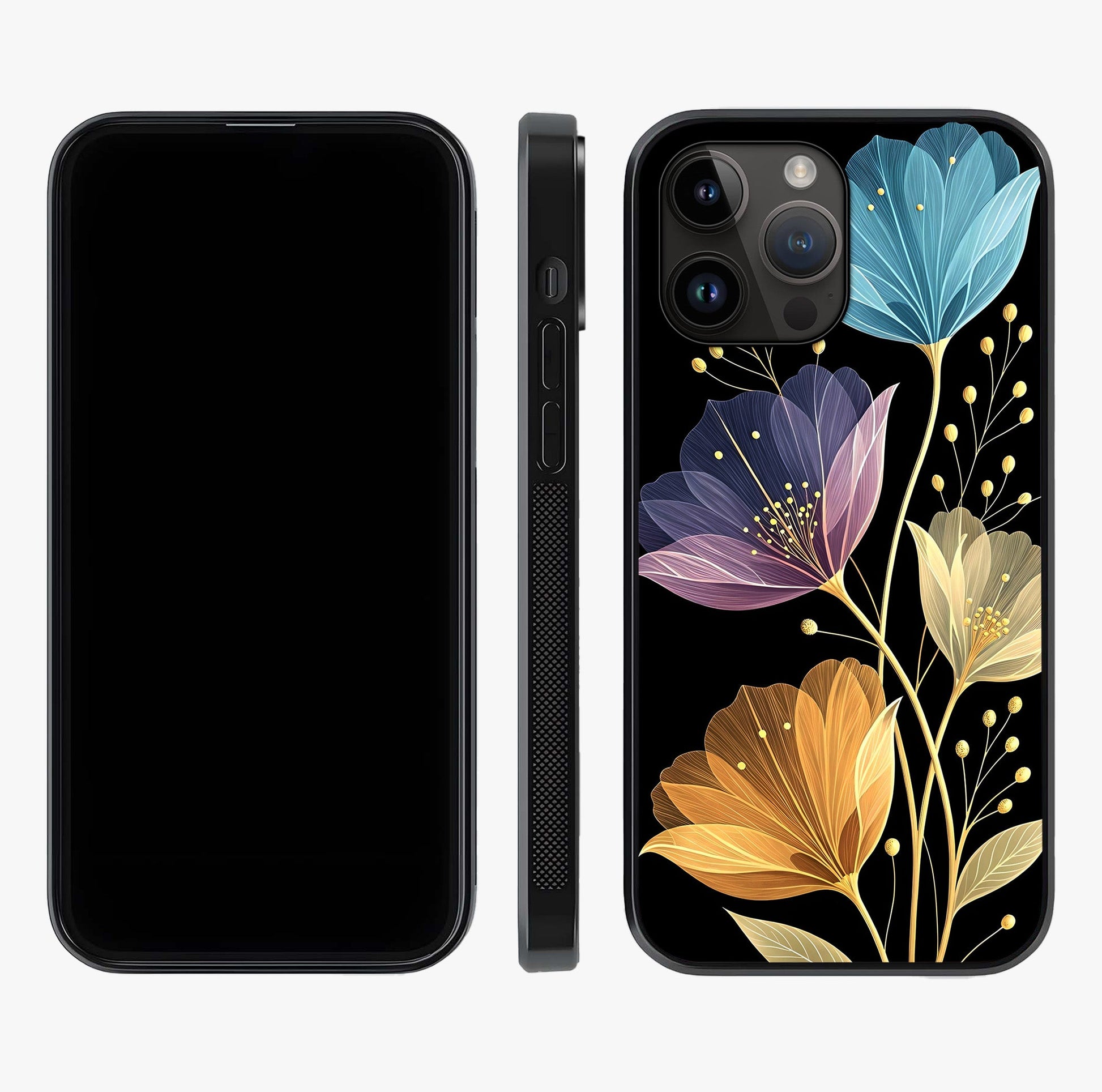 Delicate Multicolor Flowers Glass Case displayed upright for full design visibility and premium finish.