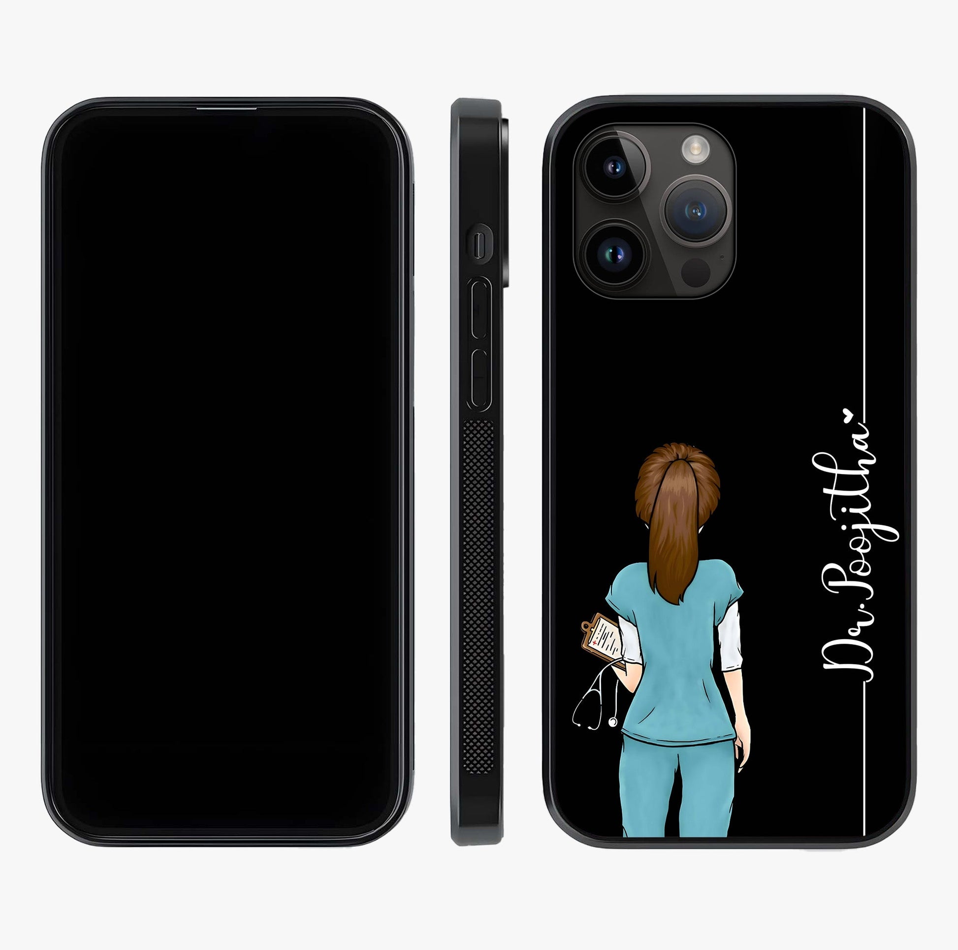 Doctor Pattern Custom Name Glass Case displayed upright for full design visibility and premium finish.