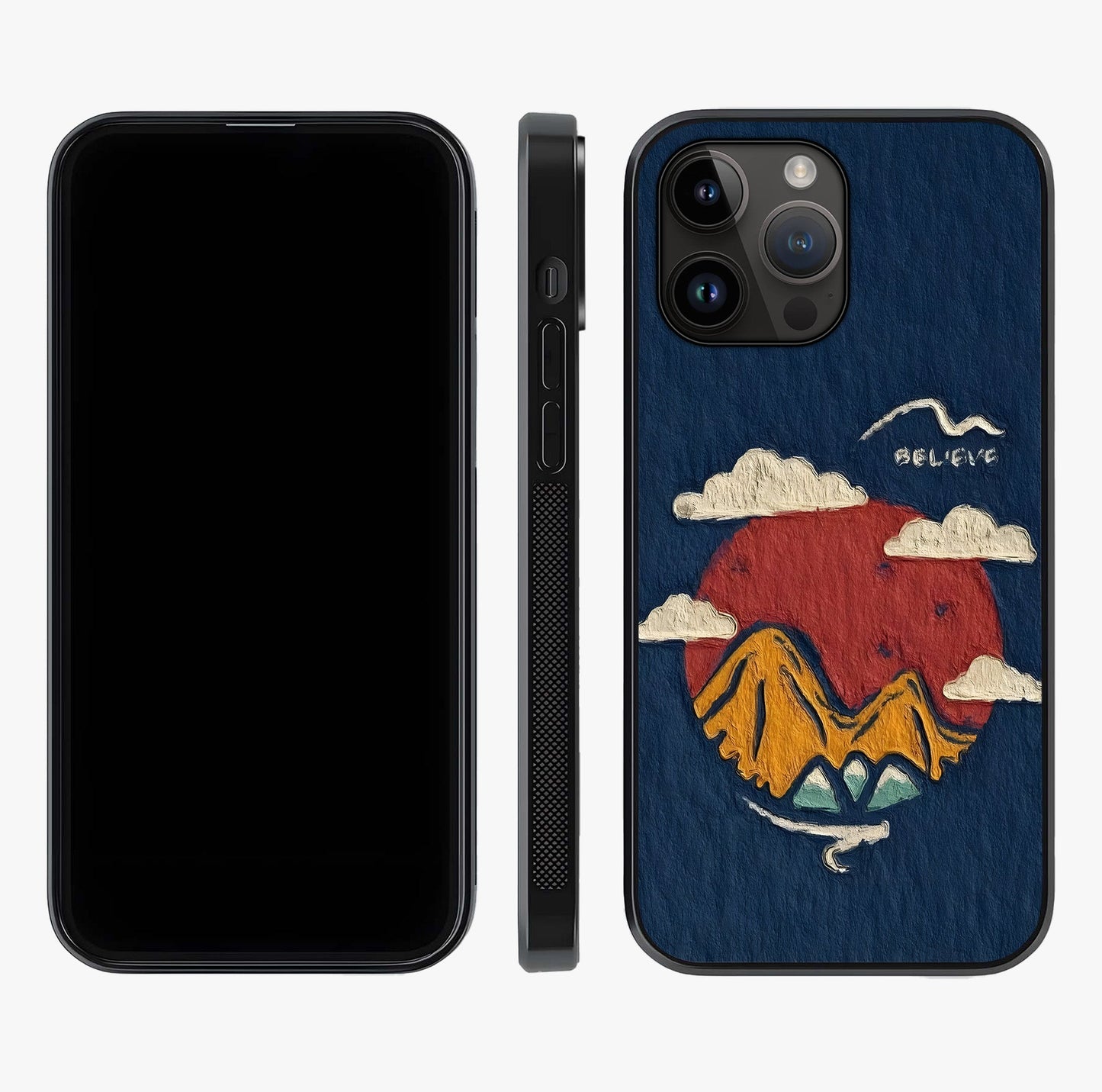 Dream Beyond Mountains Glass Case displayed upright for full design visibility and premium finish.