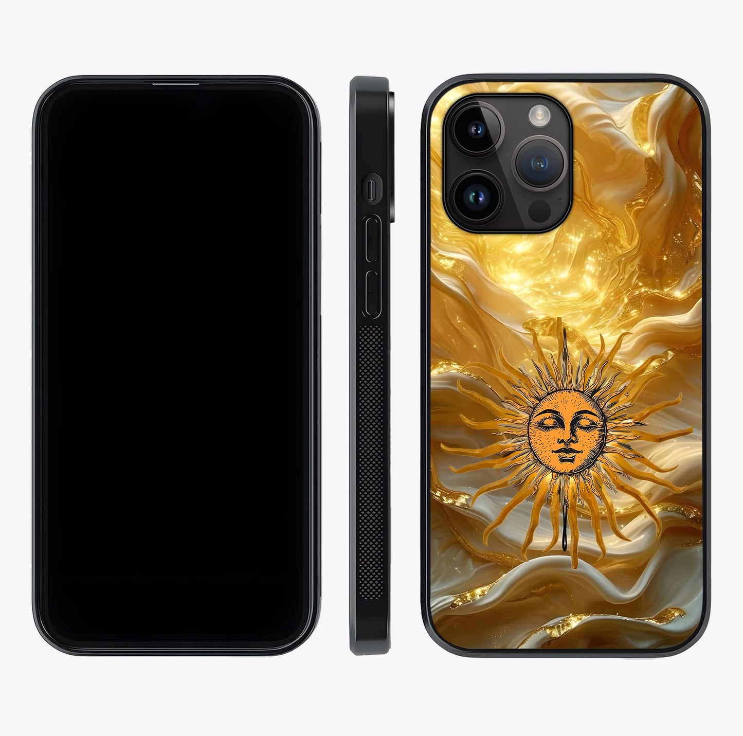 Eternal Golden Glow Glass Case displayed upright for full design visibility and premium finish.