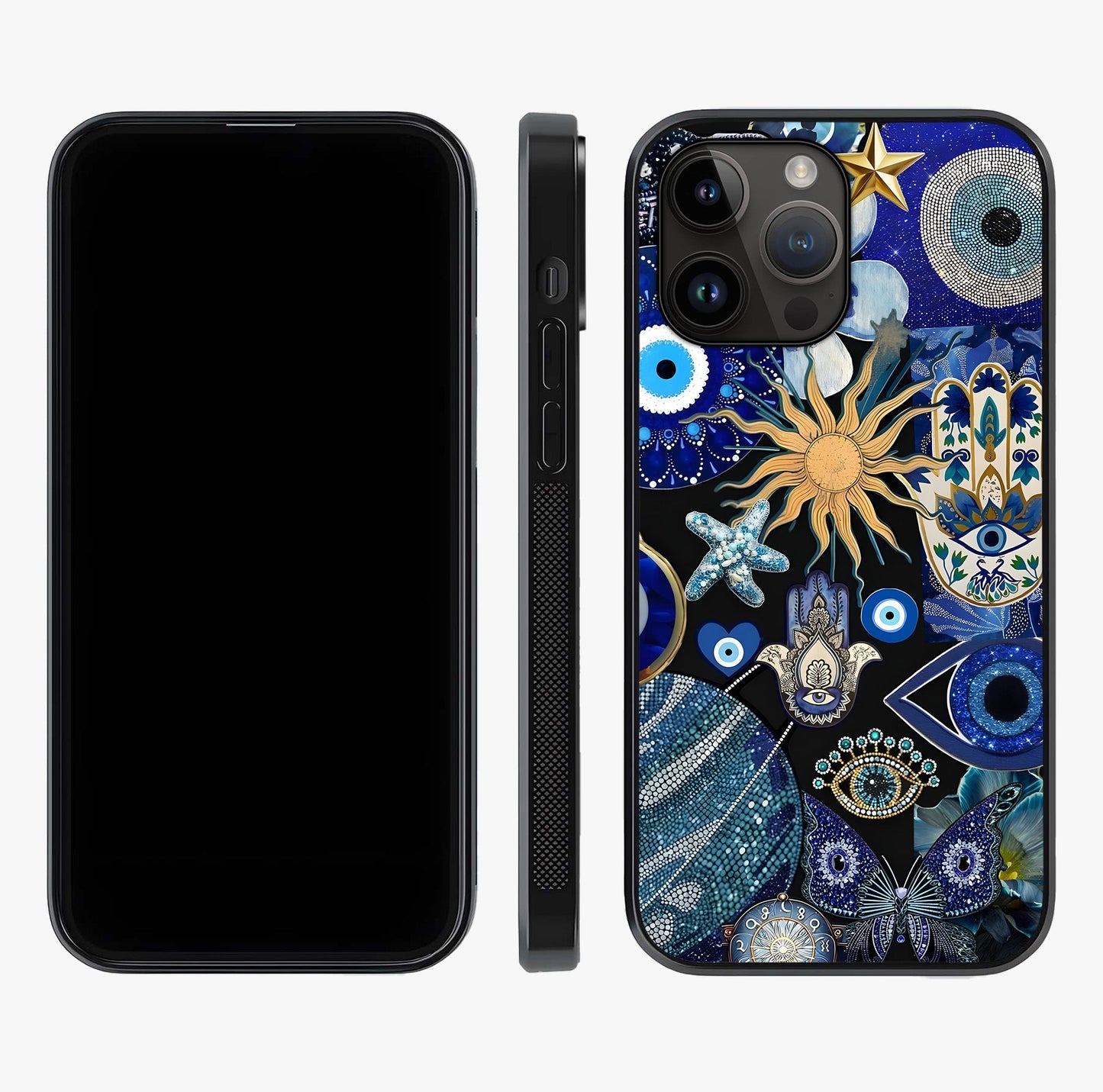 Evil Eye Charm Mix Glass Case displayed upright for full design visibility and premium finish.