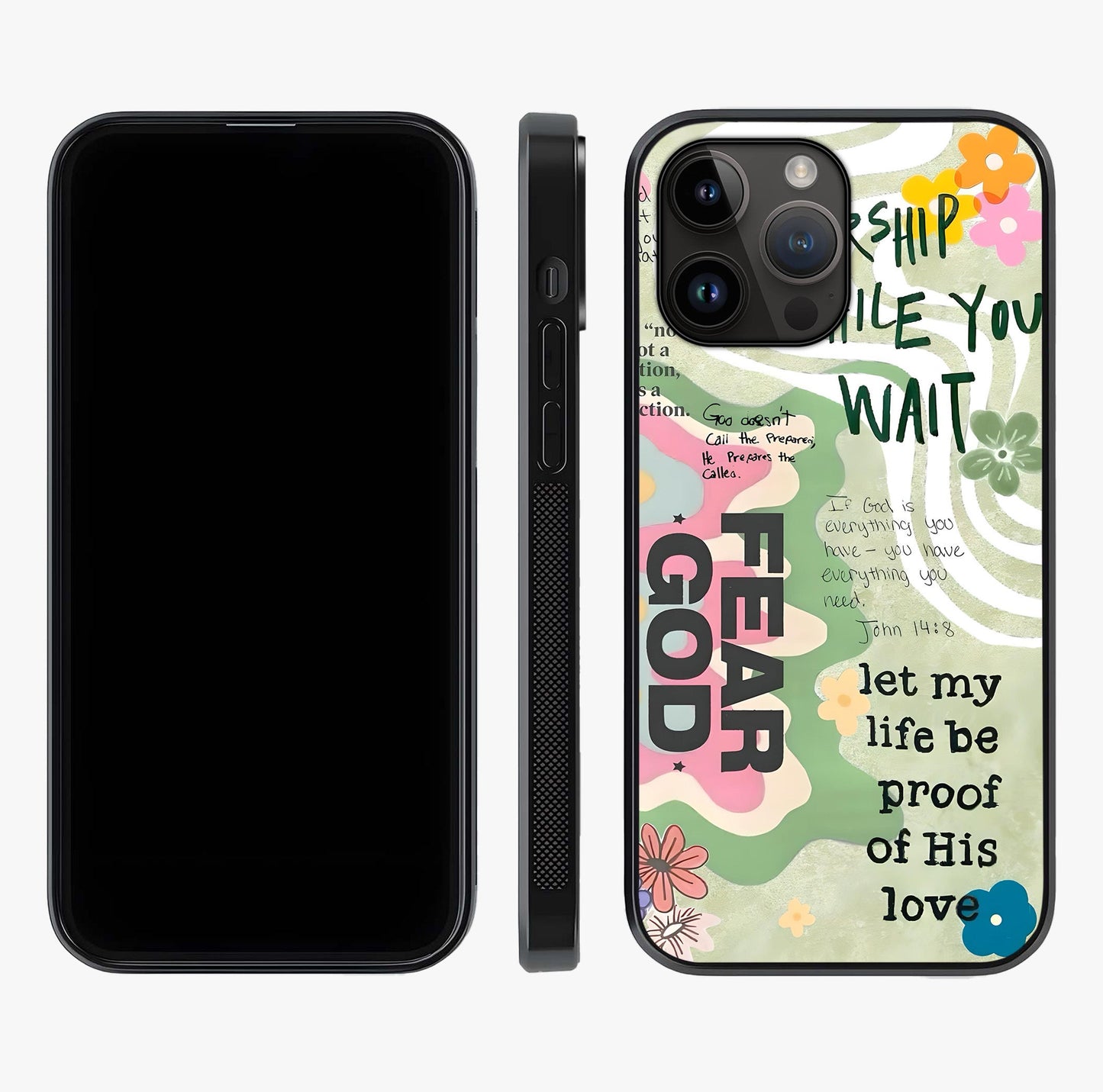 Faith Over Fear Glass Case displayed upright for full design visibility and premium finish.