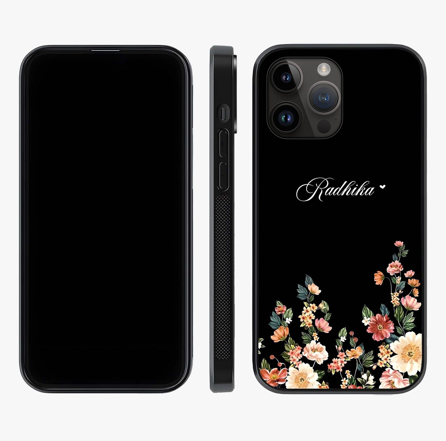 Floral Design With A Custom Personalized Name Glass Case displayed upright for full design visibility and premium finish.