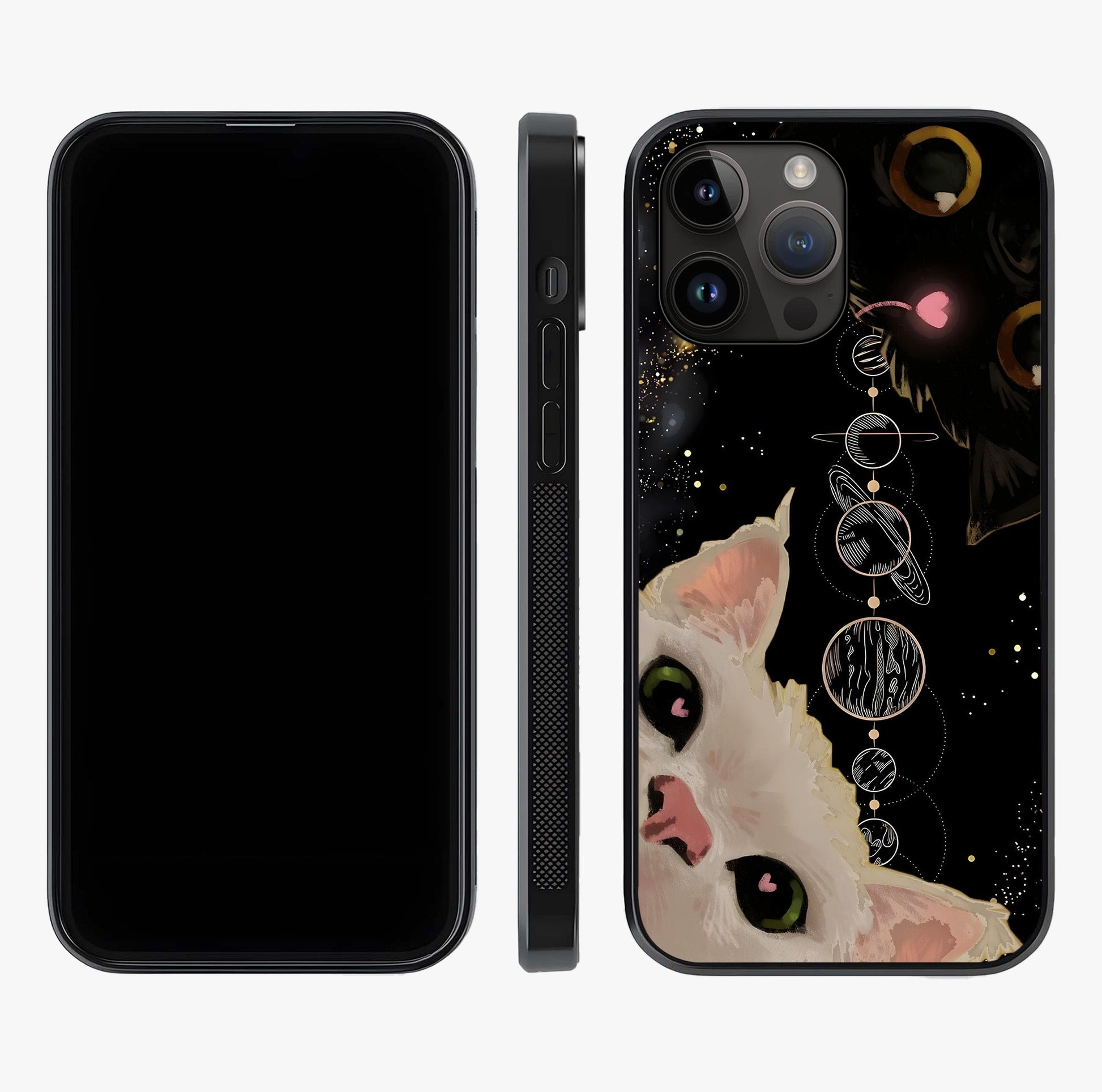 Galactic Cat Glass Case displayed upright for full design visibility and premium finish.