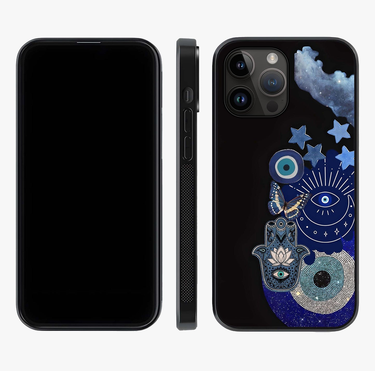 Galactic Charm Cluster Glass Case displayed upright for full design visibility and premium finish.