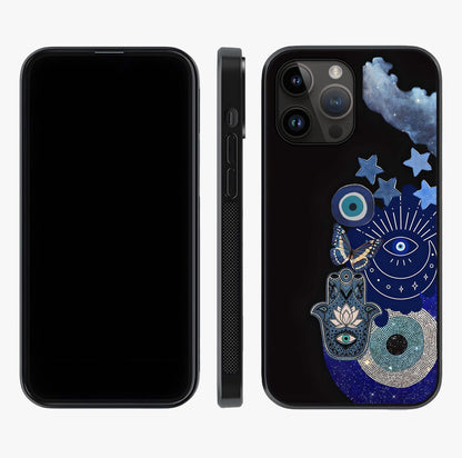 Galactic Charm Cluster Glass Case displayed upright for full design visibility and premium finish.