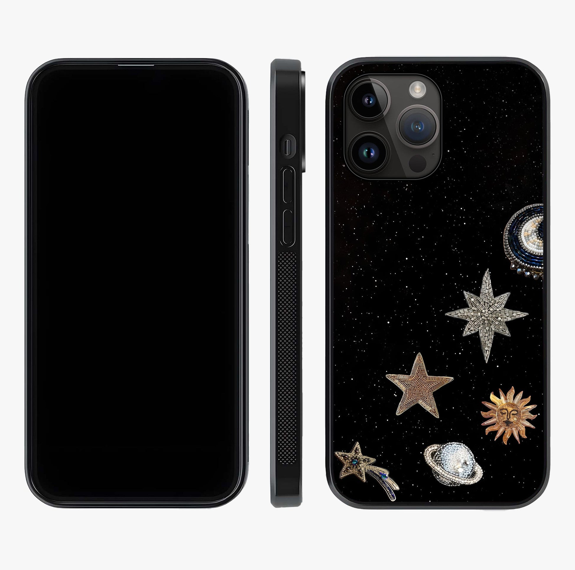 Galactic Charm Glow Glass Case displayed upright for full design visibility and premium finish.