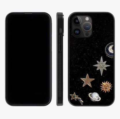 Galactic Charm Glow Glass Case displayed upright for full design visibility and premium finish.
