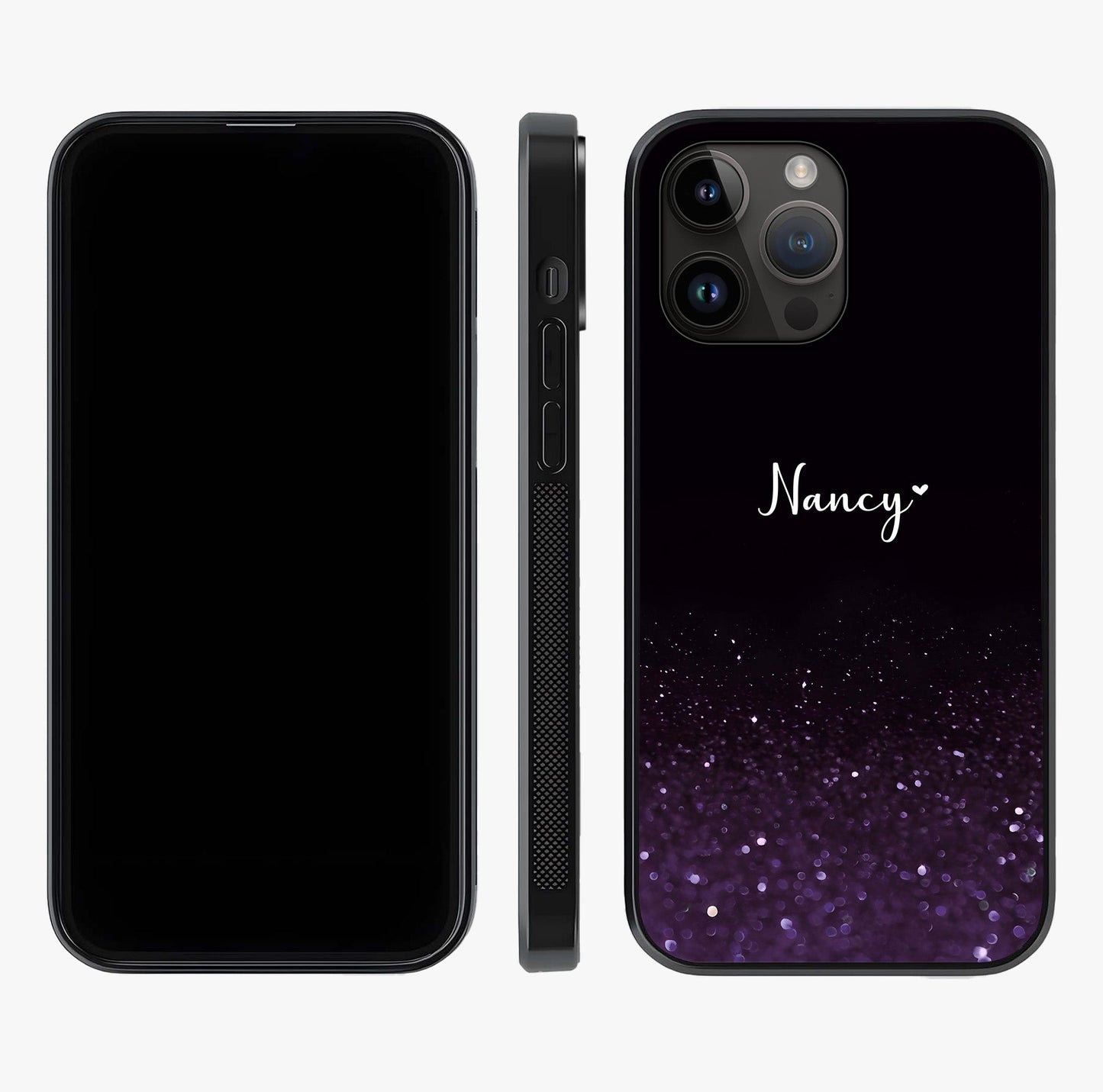 Glittery Purple Bokeh Custom Name Glass Case displayed upright for full design visibility and premium finish.