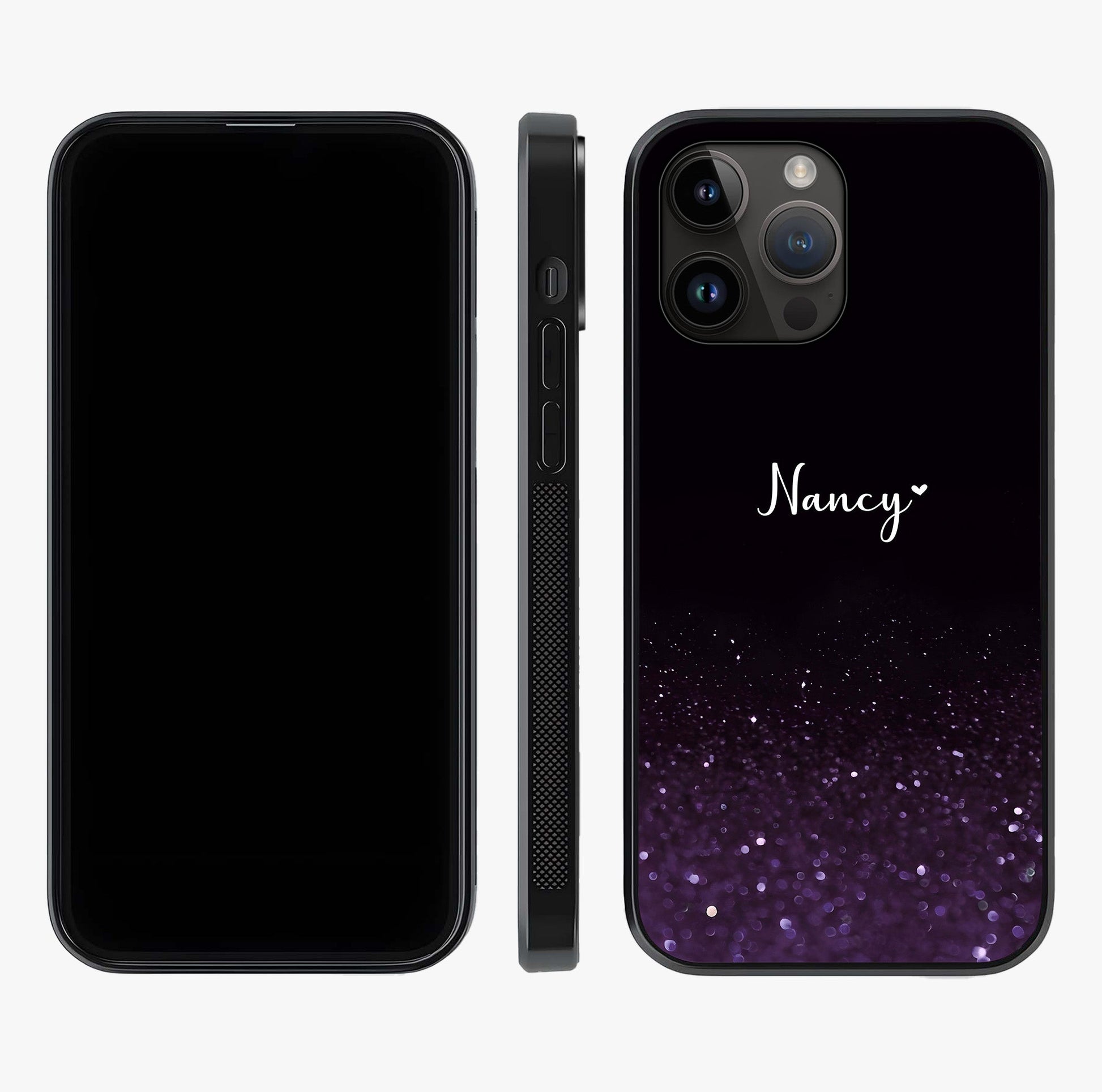Glittery Purple Bokeh Custom Name Glass Case displayed upright for full design visibility and premium finish.