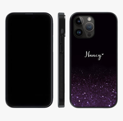 Glittery Purple Bokeh Custom Name Glass Case displayed upright for full design visibility and premium finish.